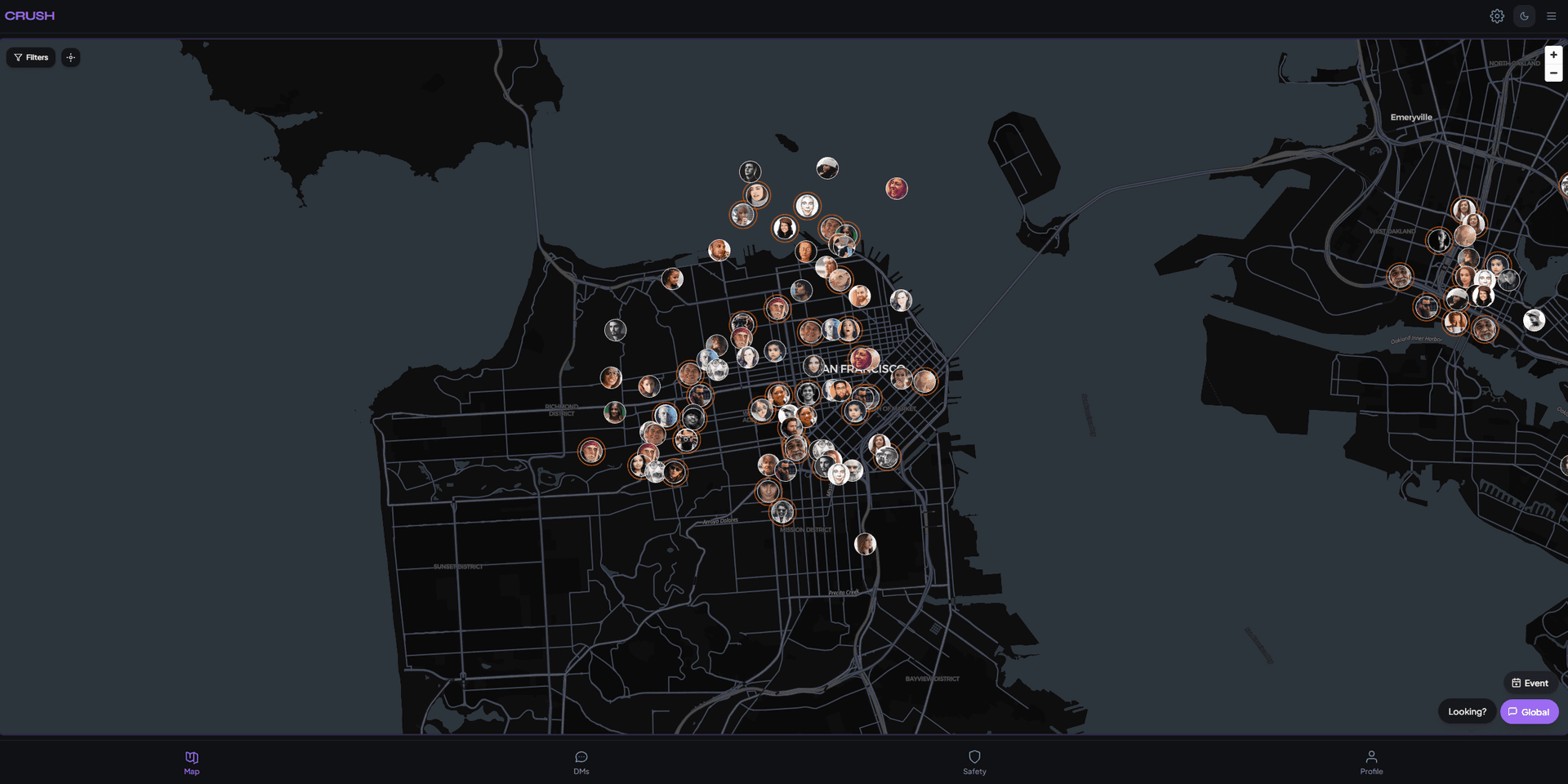 Crush live map showing nearby profiles
