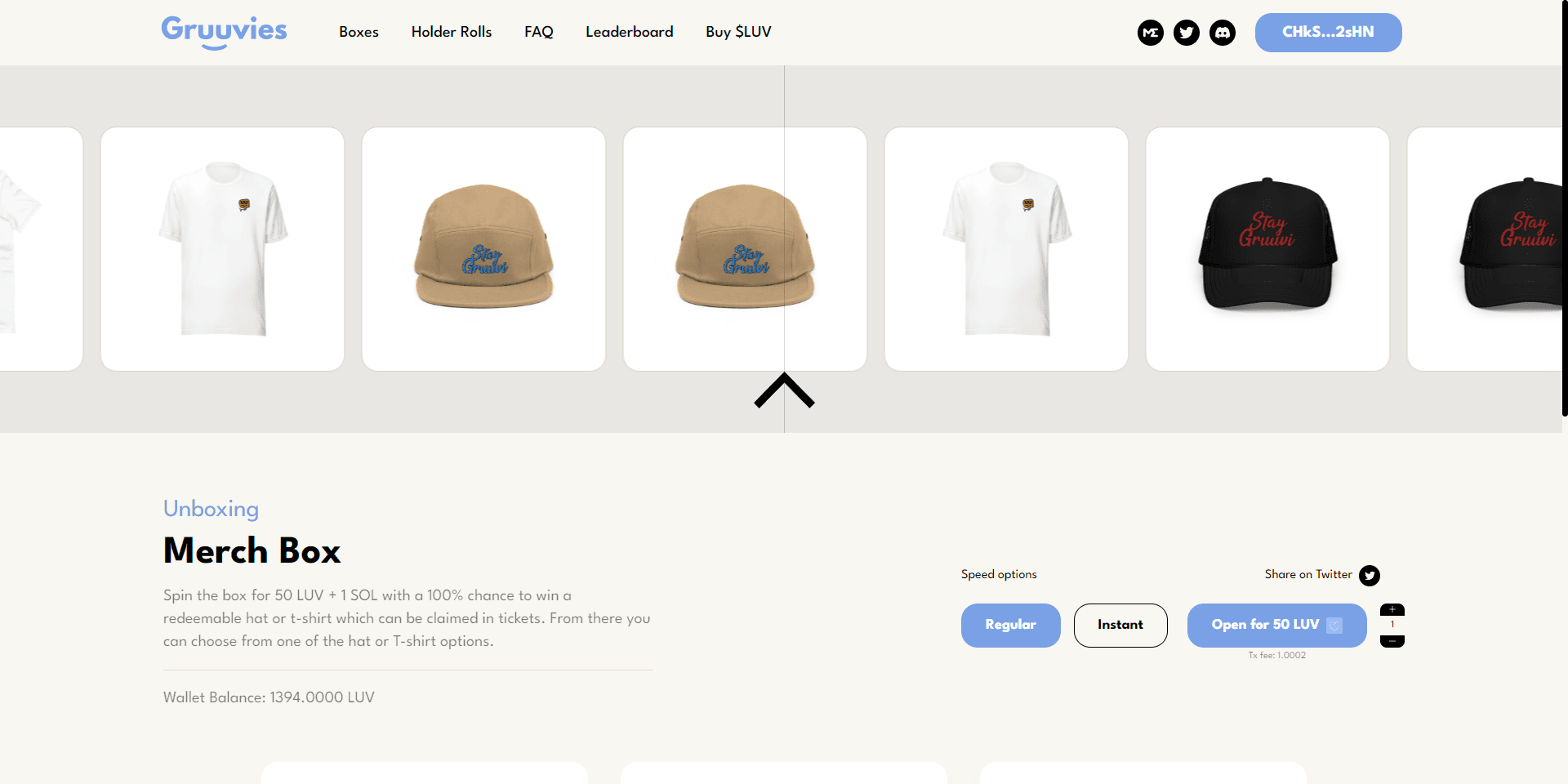 Gruuvboxes mystery box interface with a prize wheel and reward tiers