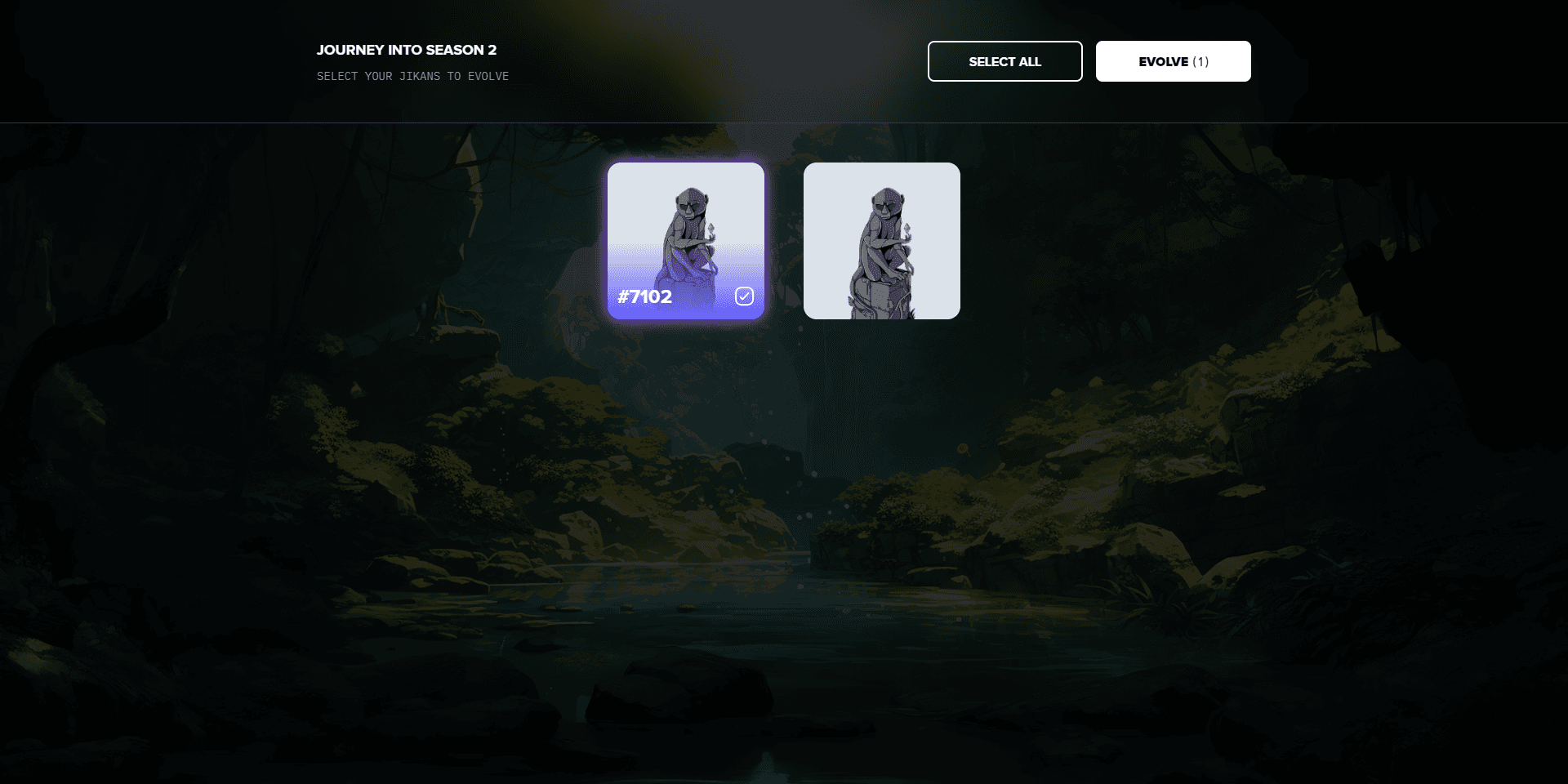 Jikan Evolve interface showing an NFT selected for an artwork upgrade