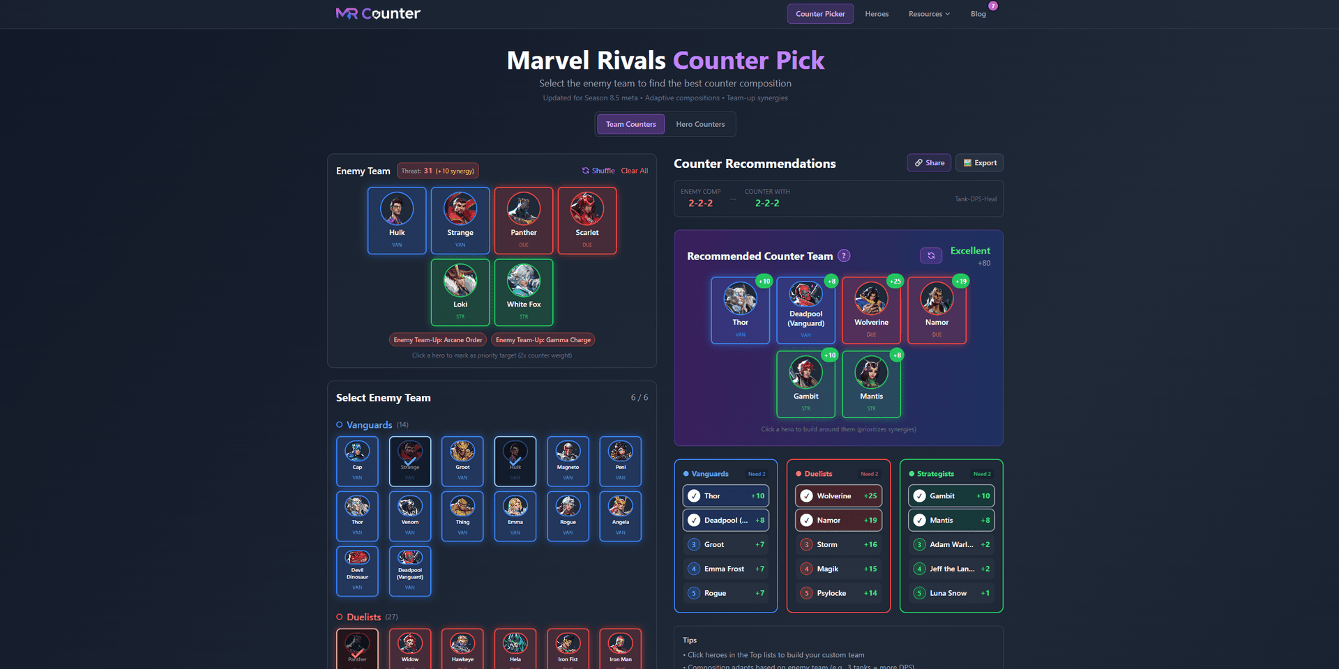 Rivals Counter showing a recommended team composition