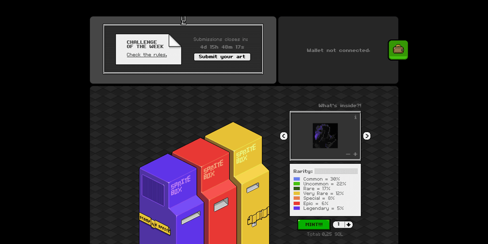 Spritebox mint page showing pixel-art vending machines, a rarity table, and the weekly art challenge