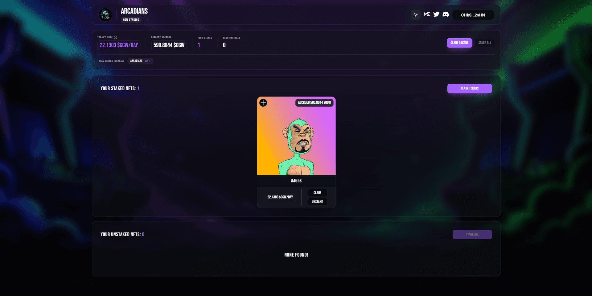TTCC Staking dashboard listing staked NFTs alongside accrued token rewards
