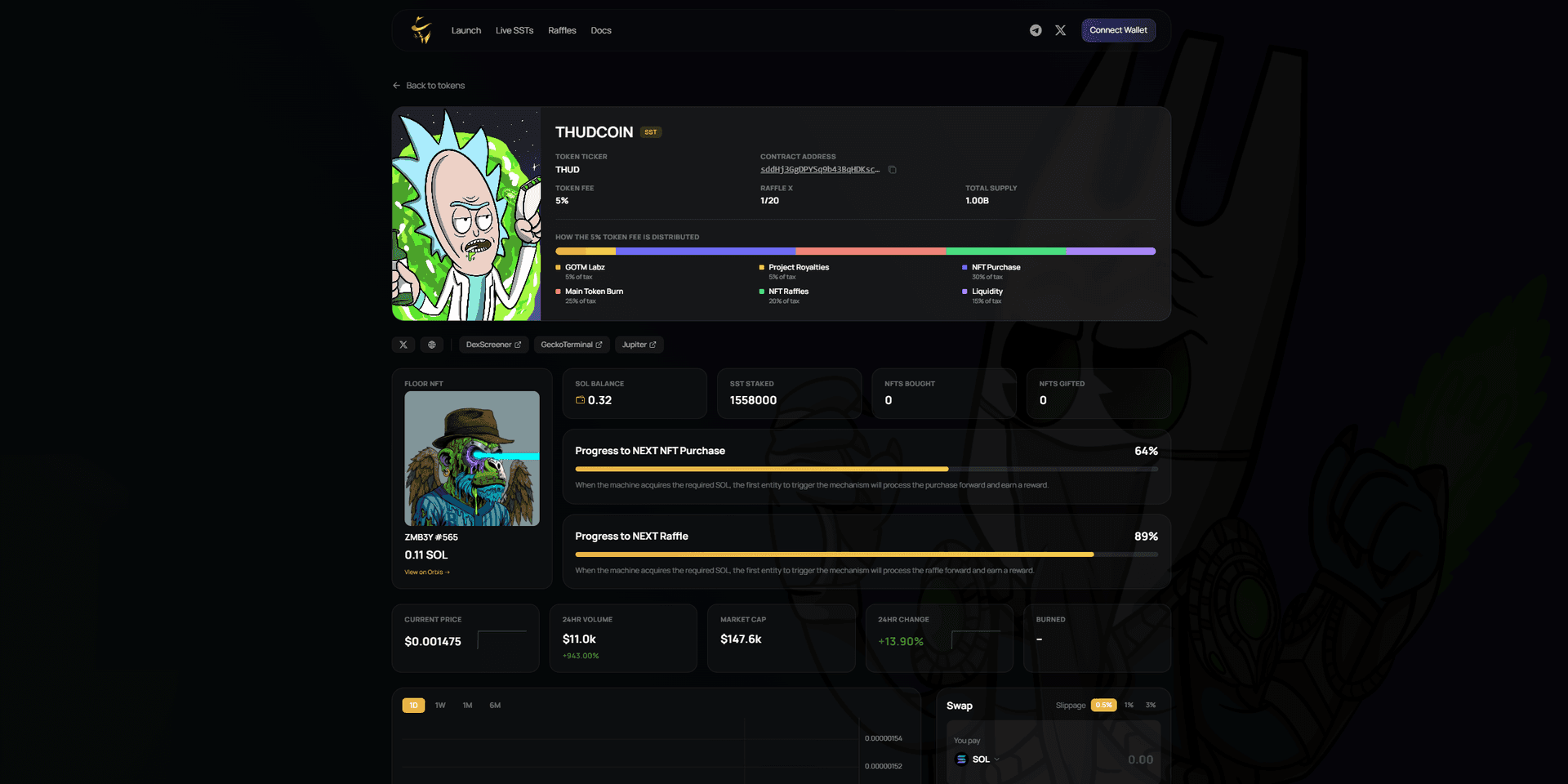 Sol Strategy token detail view with progress toward the next NFT purchase and raffle